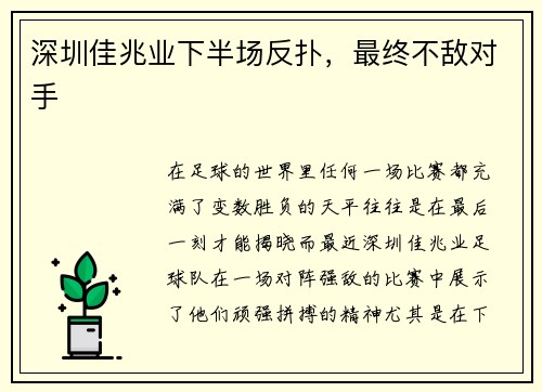 深圳佳兆业下半场反扑，最终不敌对手