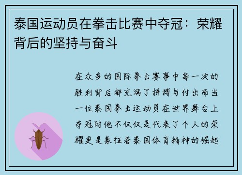 泰国运动员在拳击比赛中夺冠：荣耀背后的坚持与奋斗