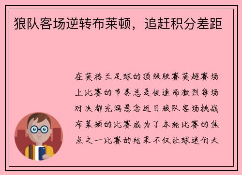 狼队客场逆转布莱顿，追赶积分差距