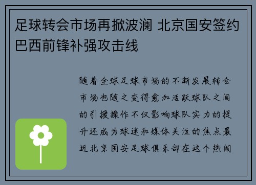 足球转会市场再掀波澜 北京国安签约巴西前锋补强攻击线